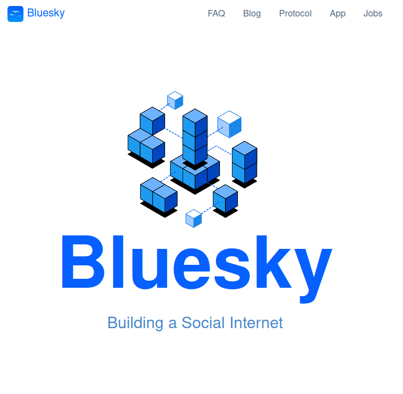 Captura de pantalla del sitio de BLueSky.
Muestra su logotipo, una imagen de varios cubos interconectados en color azul y el slogan "Building a Social Internet".