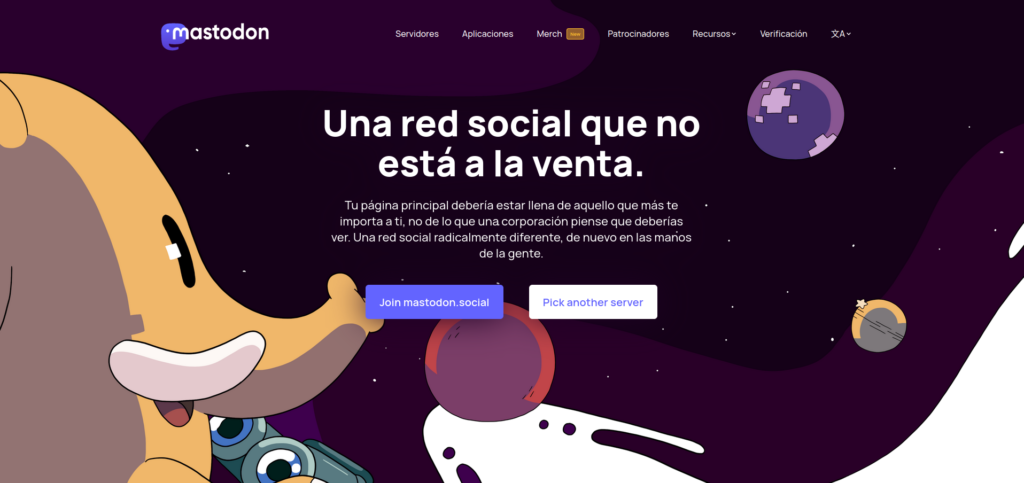 Captura de pantalla del sitio de Join Mastodon. Muestra una imagen de una caricatura de un mastodonte observando el espacio, mientras que al centro dice "Una red social que no está a la venta".